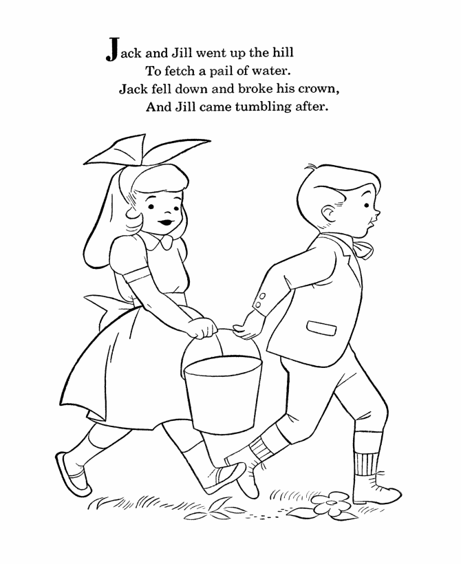 BlueBonkers - Nursery Rhymes Coloring Page Sheets - Jack and Jill 1