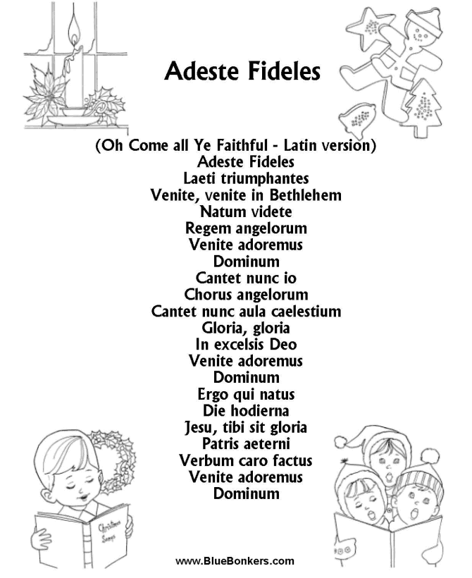 Printable Christmas Carol Lyrics sheet : Adeste Fideles 