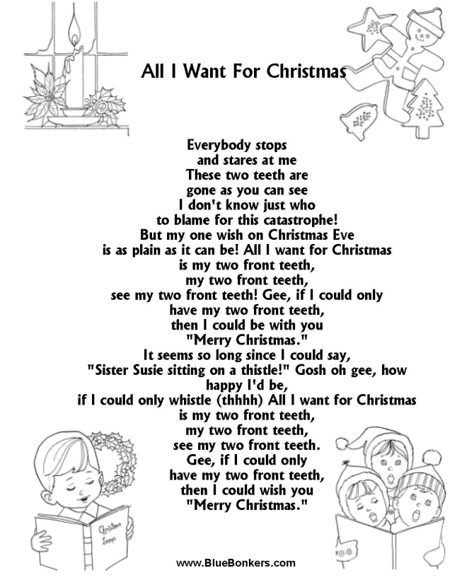 Printable Christmas Carol Lyrics sheet : All I want for Christmas 