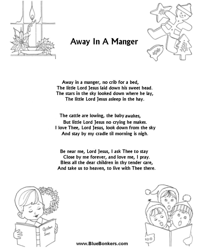 Printable Christmas Carol Lyrics sheet : Away in a Manger 