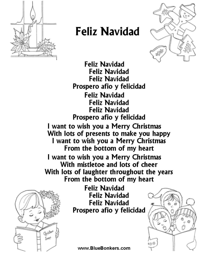 Printable Christmas Carol Lyrics sheet : Feliz Navidad 