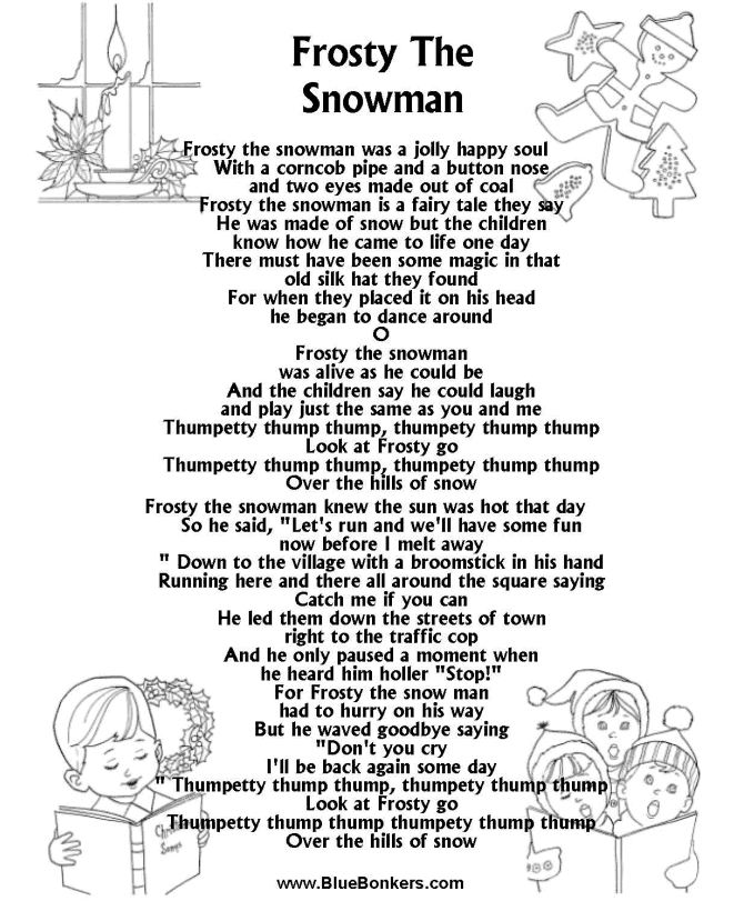 BlueBonkers Frosty the Snowman , Free Printable Christmas Carol Lyrics