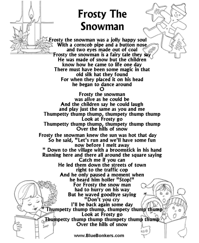 Printable Christmas Carol Lyrics sheet : Frosty the Snowman 