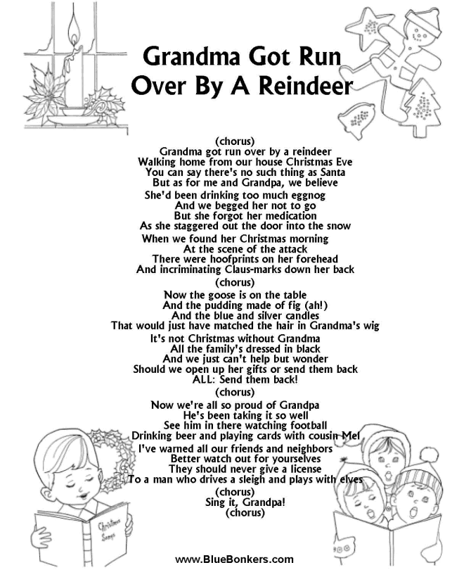 Printable Christmas Carol Lyrics sheet : Grandma Got Run Over by a Reindeer  