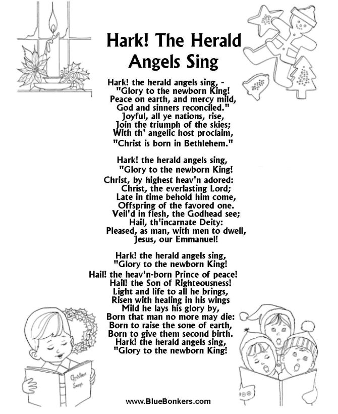 Printable Christmas Carol Lyrics sheet : Hark the Herald Angles Sing  