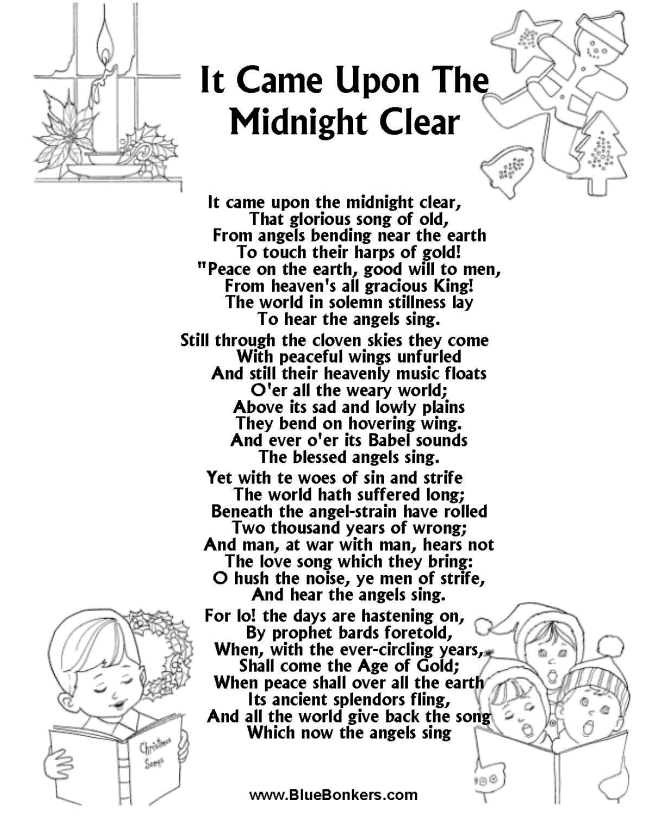 Printable Christmas Carol Lyrics sheet : It Came upon the Midnight Clear  
