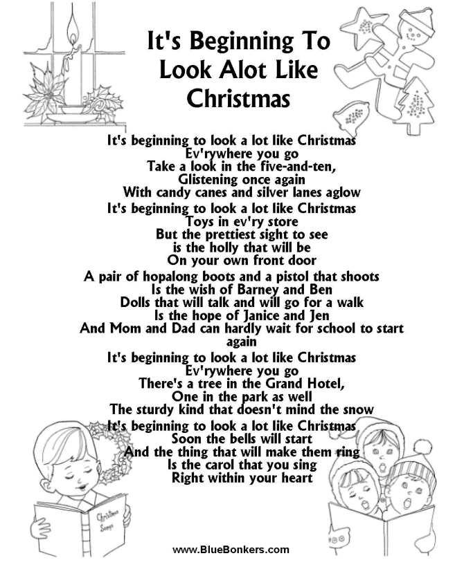 Printable Christmas Carol Lyrics sheet : It's Beginning to look a lot like Christmas  
