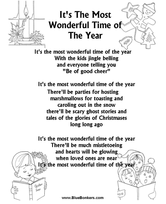 Bluebonkers It S The Most Wonderful Time Of The Year Free Printable Christmas Carol Lyrics Sheets Favorite Christmas Song Sheets