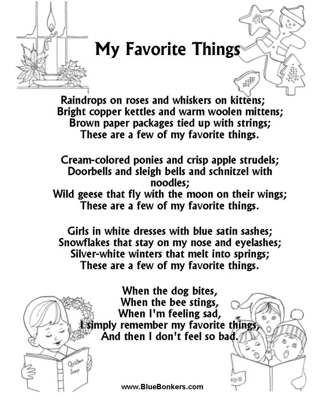 Printable Christmas Carol Lyrics sheet : My Favorite Things  