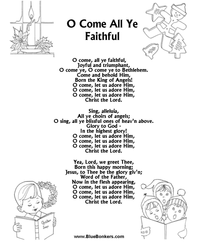 Printable Christmas Carol Lyrics sheet : O Come All Ye Faithful  