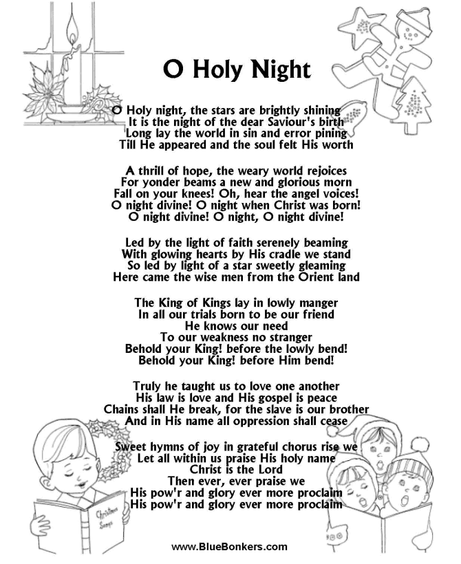 BlueBonkers O Holy Night, Free Printable Christmas Carol Lyrics Sheets