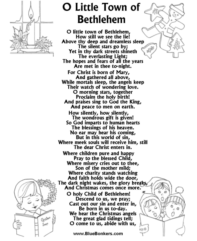 Printable Christmas Carol Lyrics sheet : O Little Town of Bethlehem  