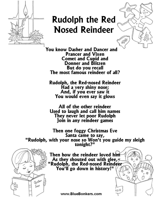 Printable Christmas Carol Lyrics sheet : Rudolph the Red Nosed Reindeer  