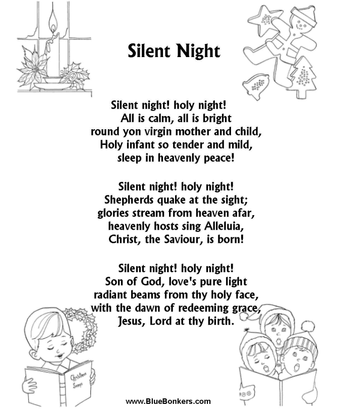BlueBonkers Silent Night , Free Printable Christmas Carol Lyrics
