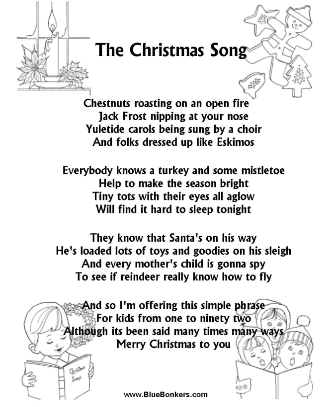 BlueBonkers The Christmas Song, Free Printable Christmas Carol Lyrics