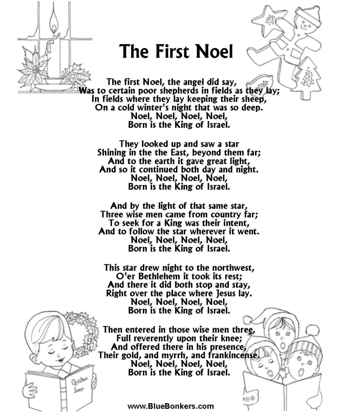 BlueBonkers The First Noel, Free Printable Christmas Carol Lyrics