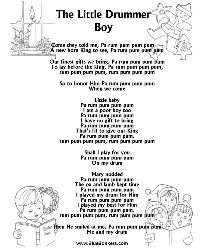 Printable Christmas Carol Lyrics sheet : The Little Drummer Boy  