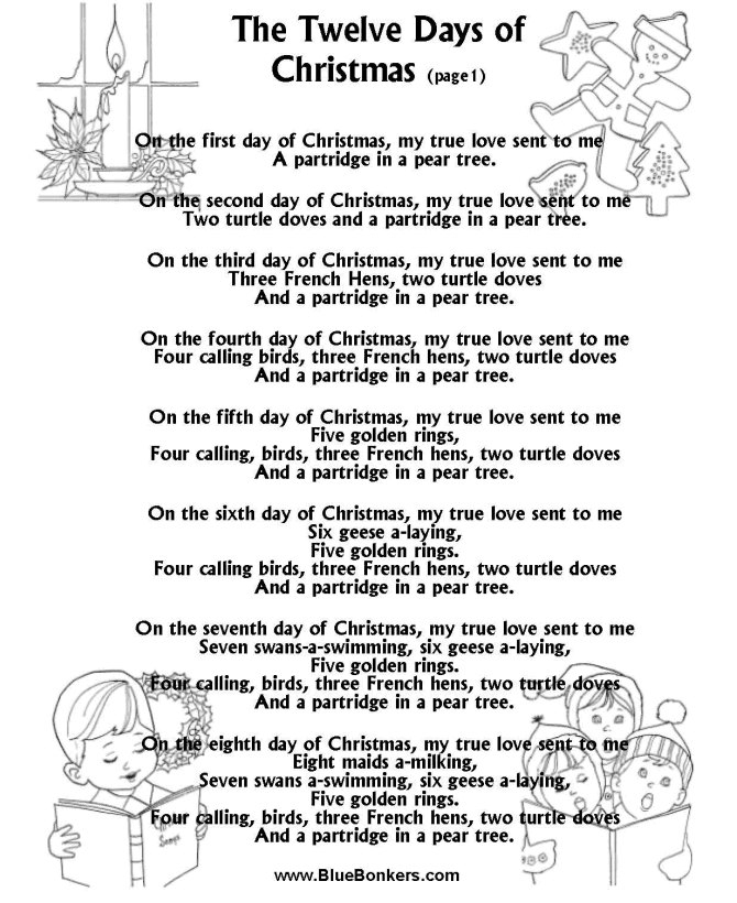 BlueBonkers: The Twelve Days of Christmas - (p1), Free Printable Christmas  Carol Lyrics Sheets : Christmas Song Sheets