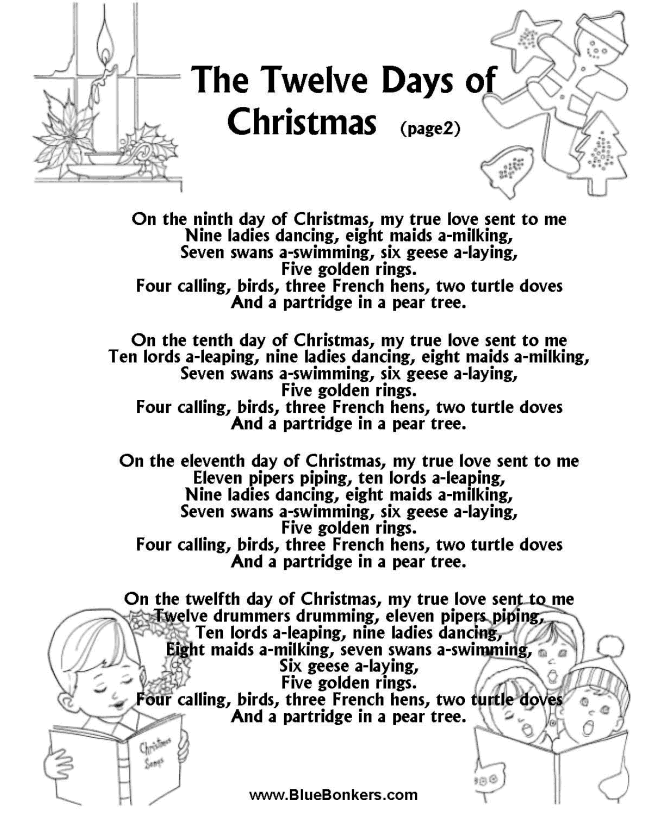 Printable Christmas Carol Lyrics sheet : The Twelve Days of Christmas   